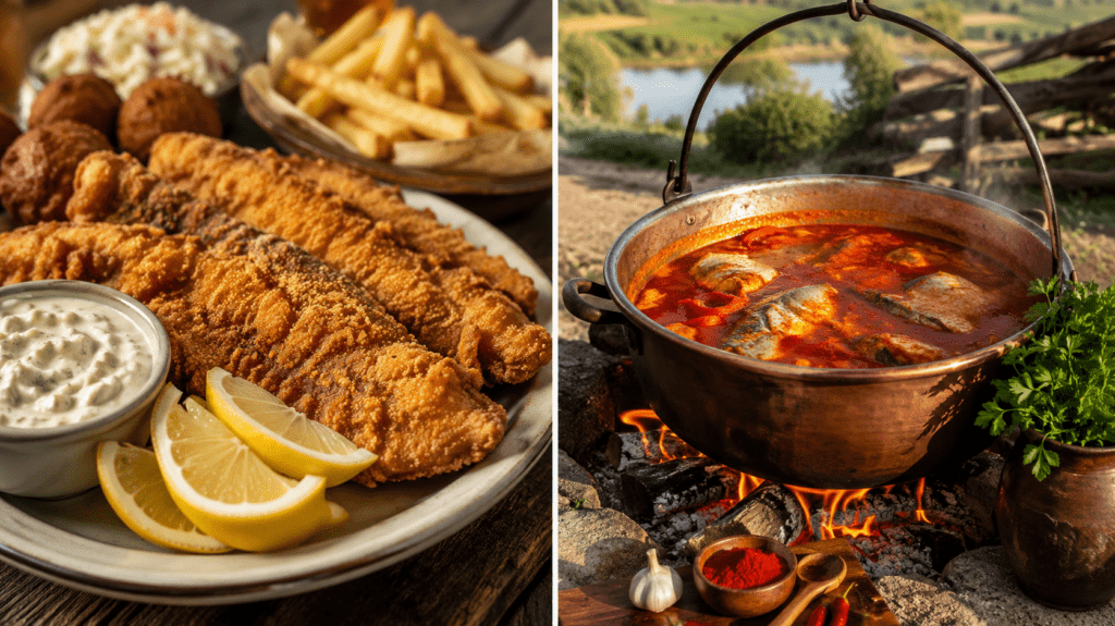 A split image showing crispy fried catfish with fries and lemon on the left, and a traditional fish stew bubbling in a large copper cauldron over an open fire on the right.