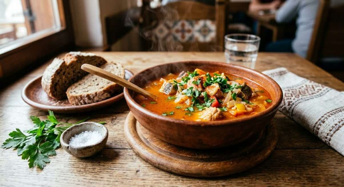 Traditional Recipe homemade fish soup in a rustic bowl with fresh herbs
