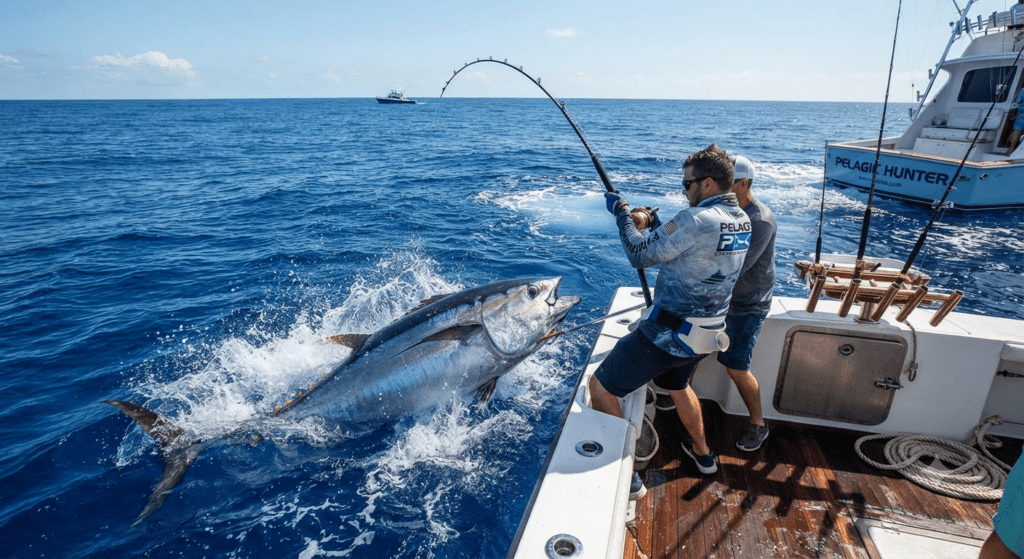 Fishermen on a boat pulling a large tuna out of the water.