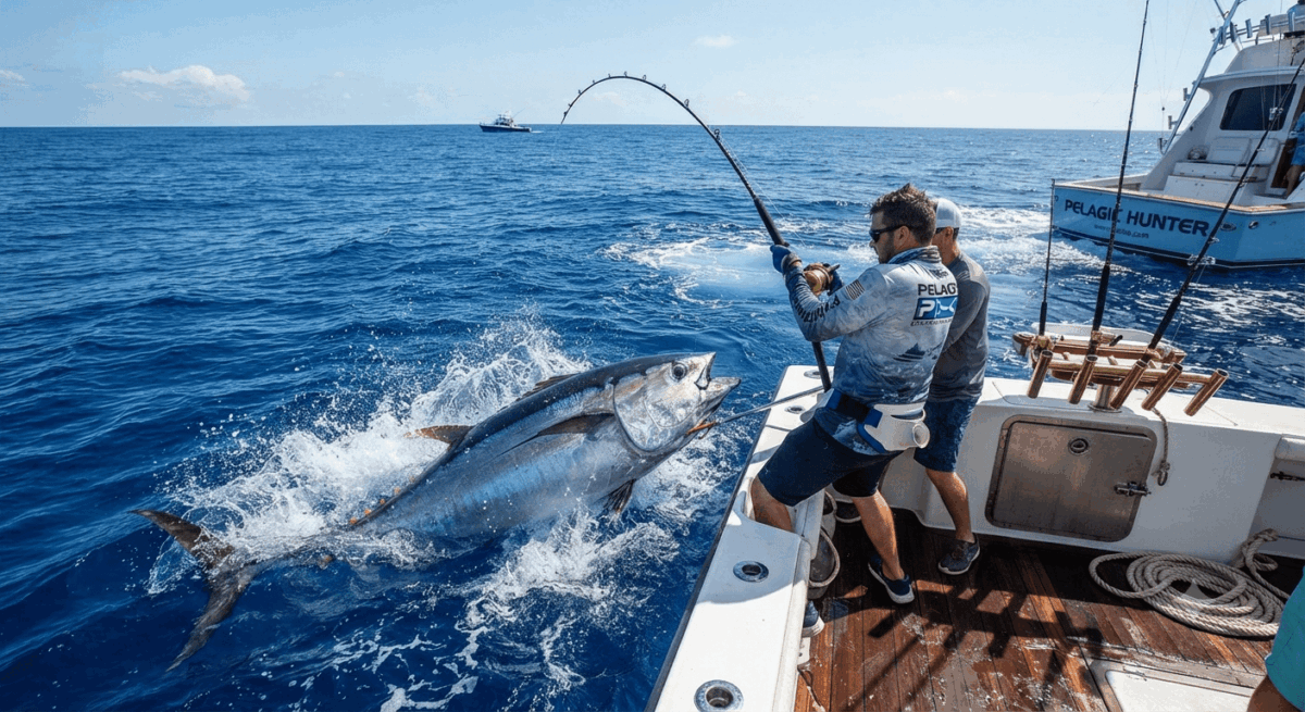 Fishermen on a boat pulling a large tuna out of the water.