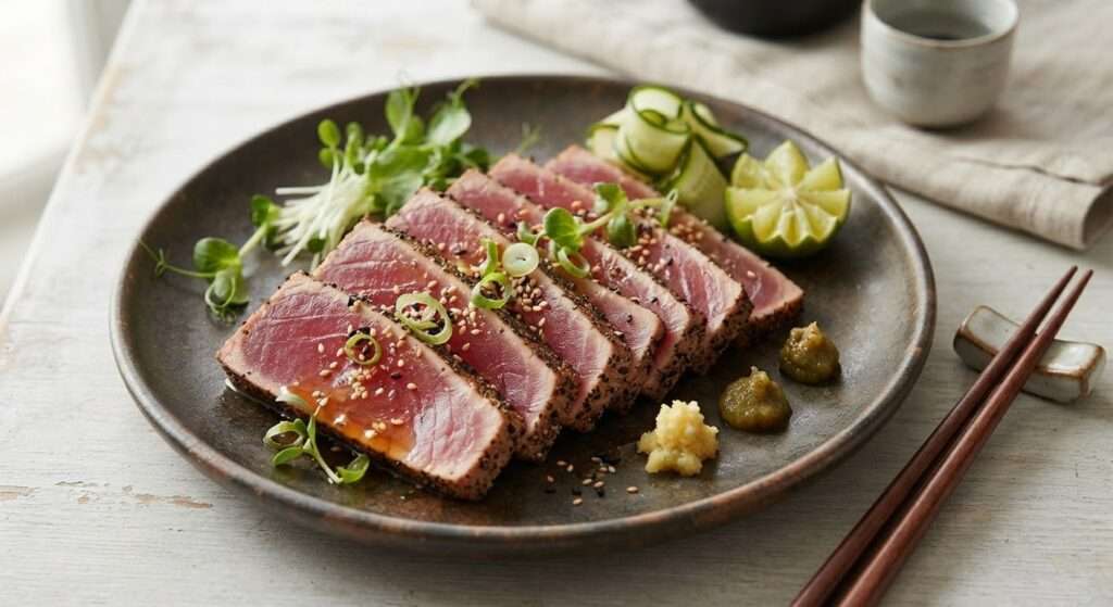 Grilled tuna steak with tzatziki sauce on a plate.