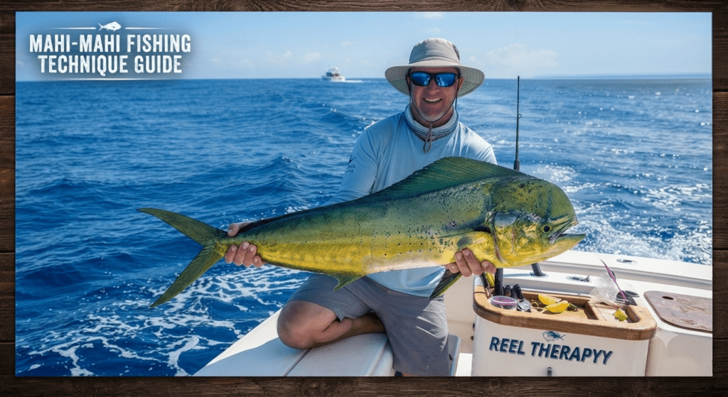 Fisherman holding a large mahi-mahi fish on a boat deck.