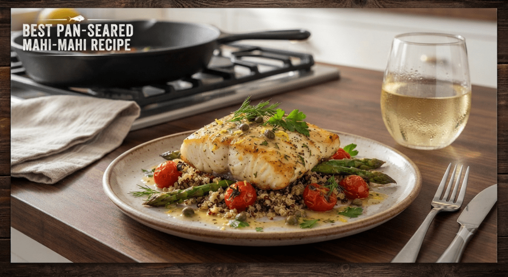 Pan-seared mahi-mahi filet served with quinoa, cherry tomatoes, and asparagus.