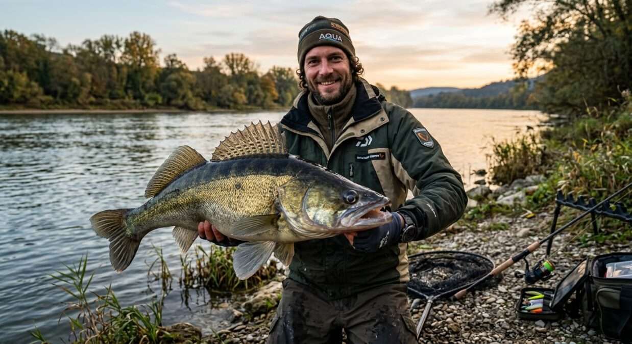 pecaros ponosno drzi kapitalnog smuđa
