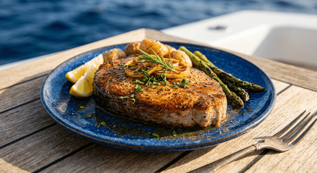 Seared Blue Marlin steak with lemon, rosemary, and asparagus served outdoors.