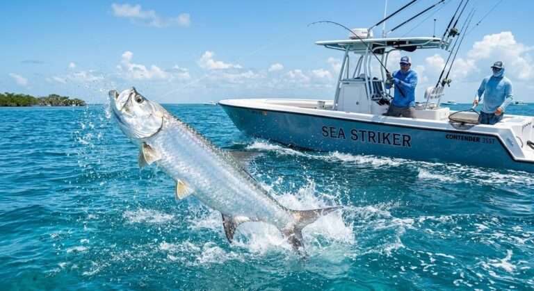 Tarpon leaps from the water during an exciting fight while fishermen watch from a boat in the background.