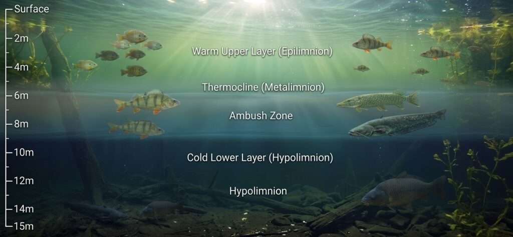 An infographic illustration showing the thermal and oxygen conditions for fish living in the different zones of a river and lake system