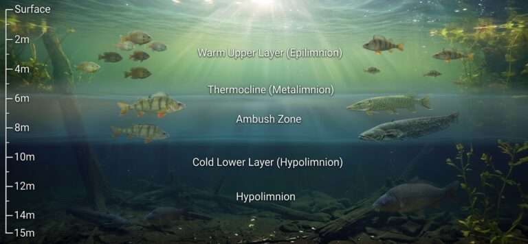 An infographic illustration showing the thermal and oxygen conditions for fish living in the different zones of a river and lake system