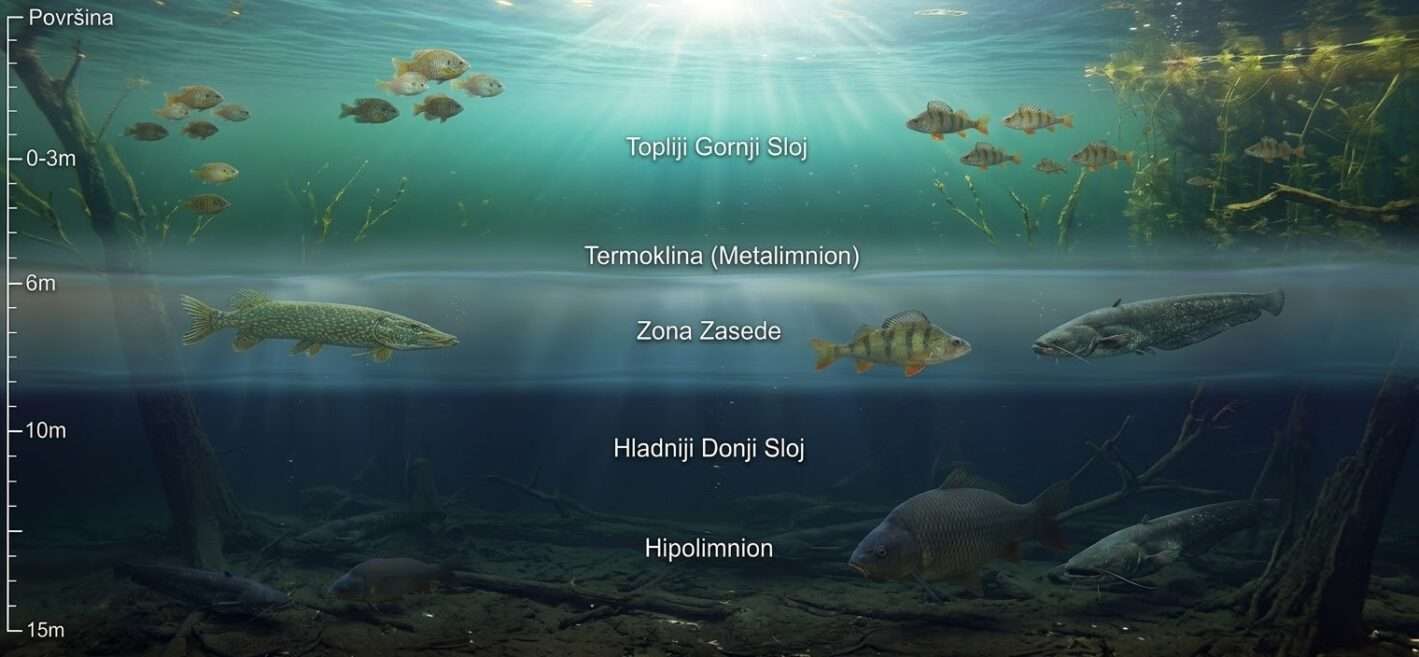 Infolgrafička ilustracija koja prikazuje termalne i kiseonične uslove za ribe koje žive u različitim zonama rečnog i jezerskog sistema.Riba
